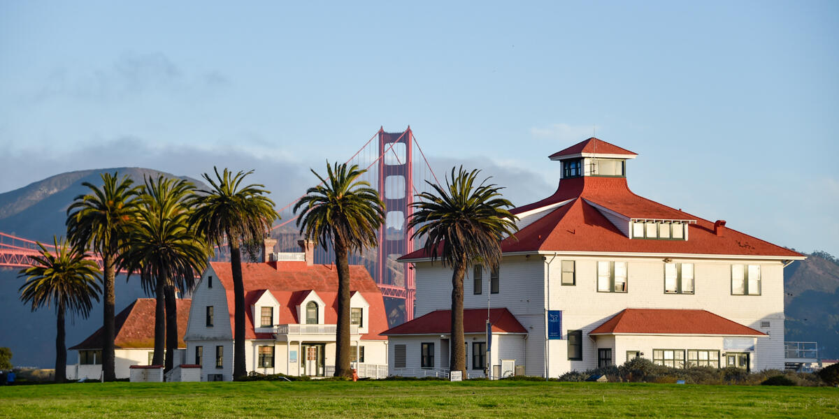 A view from Crissy Field looking out through buildings and palm trees at the Golden Gate Bridge.