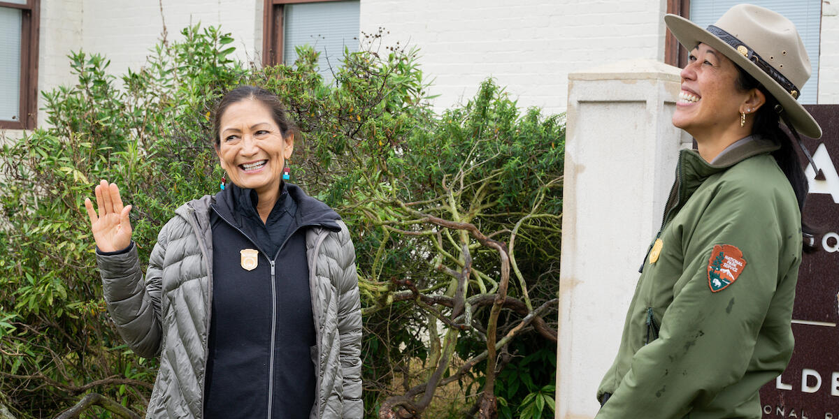 Secretary of the Interior, Deb Haaland, gets sworn in as a Junior Ranger at Golden Gate.