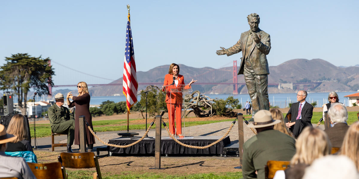Nancy Pelosi speaks at Fort Mason in commemoration of the 50th anniversary of the GGNRA.