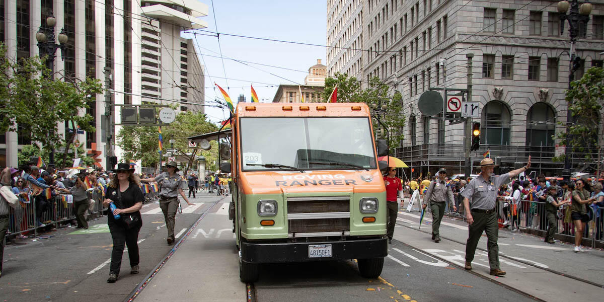 The Roving Ranger truck decked out with rainbow flags for the 2023 Pride parade.