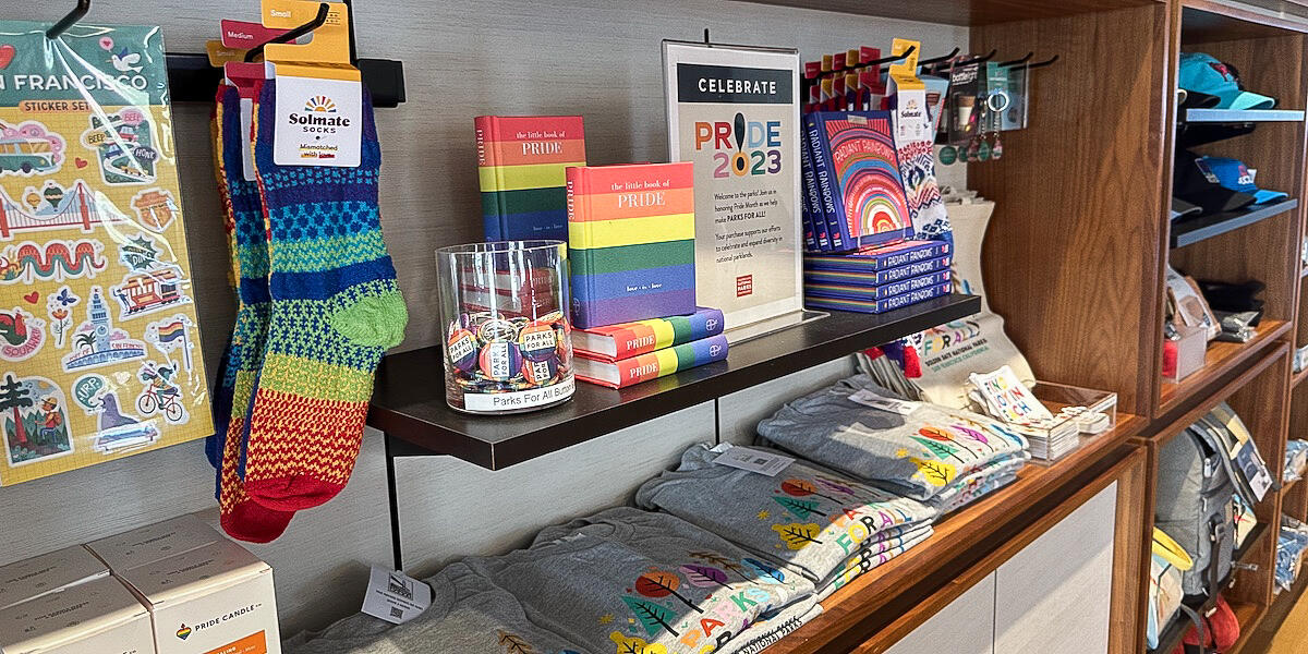 Display of Pride-themed products at the Presidio Visitor Center