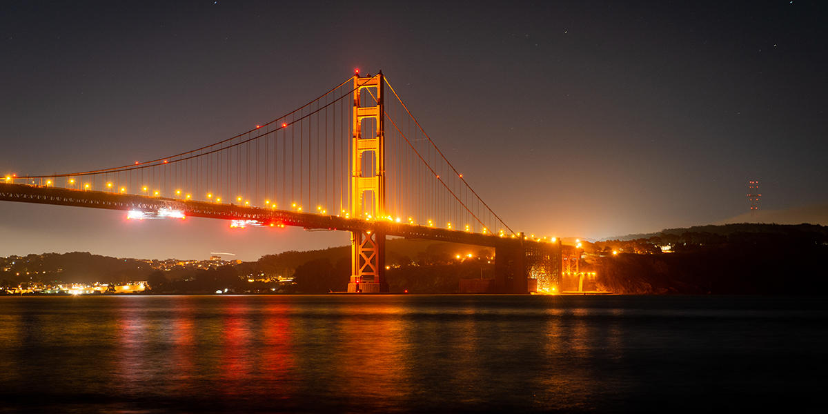 Golden Gate Bridge at Night from Marin looking towards San Francisco.