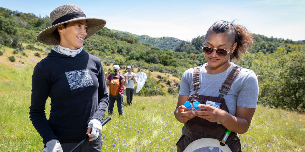 Two women carrying bug nets in a grassy field inspect specimen vials