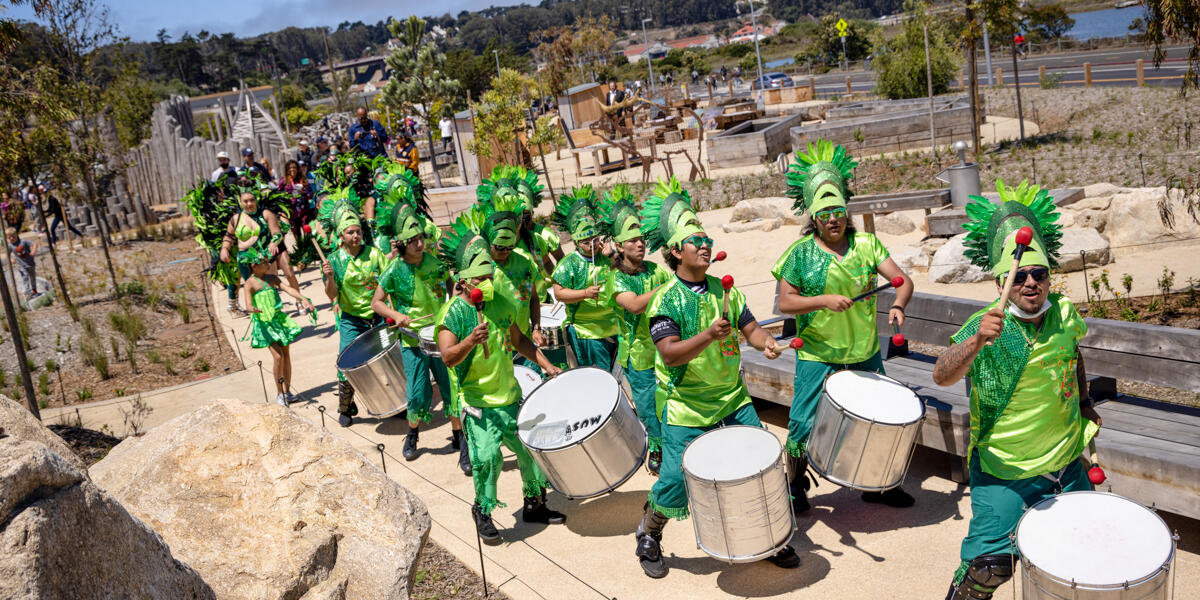 The Fogo Na Roupa band leads dancers through the Outpost at the Presidio Tunnel Tops.