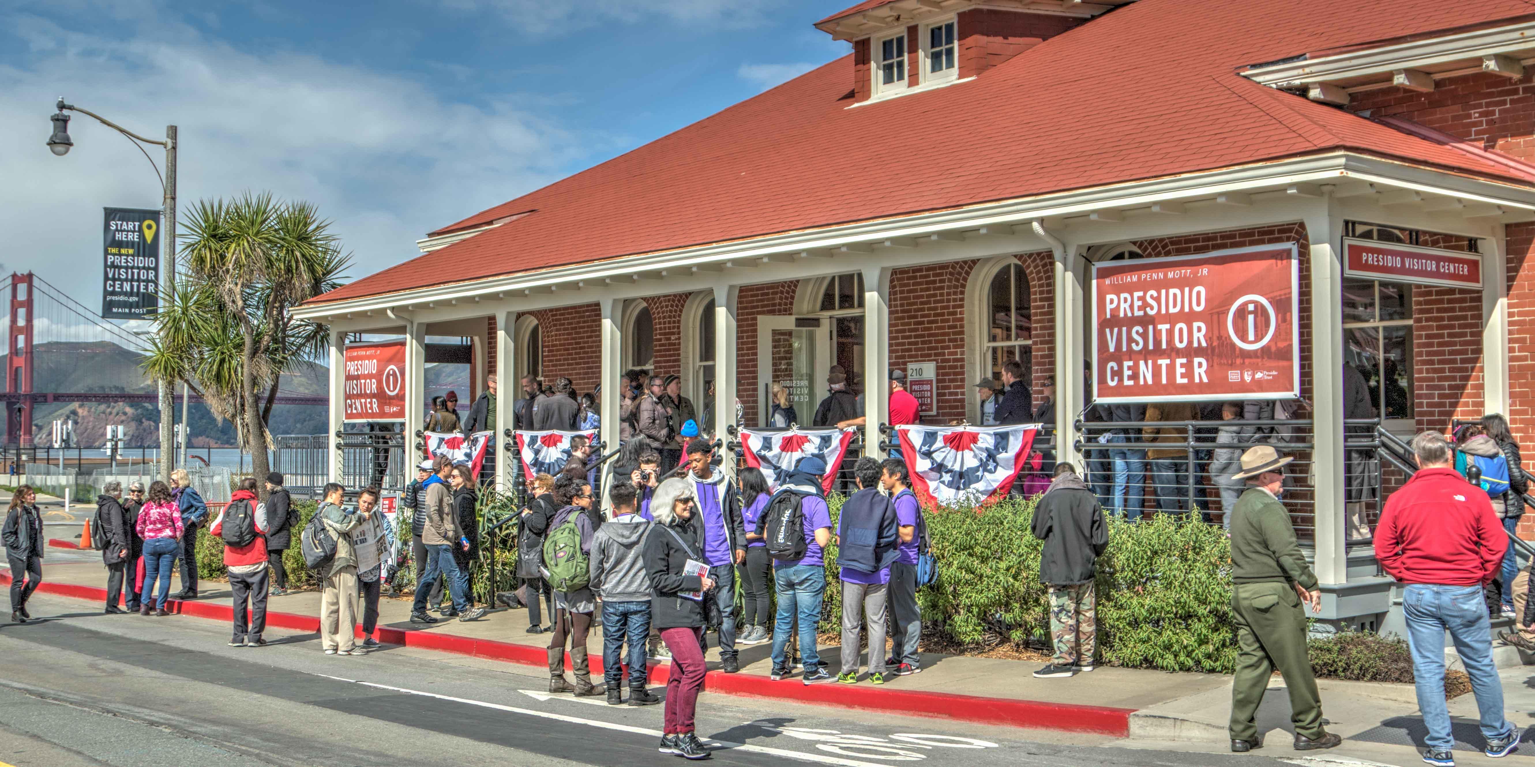 In February 2017, park visitors and members of the community gathered for the opening of the new William Penn Mott, Jr. Presidio Visitor Center. The new center is located on the Main Post, in view of the Golden Gate Bridge