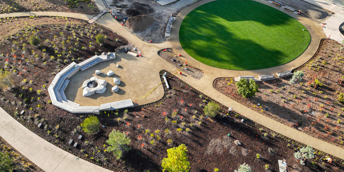 A top-down aerial view of the Presidio Tunnel Tops campfire circle.