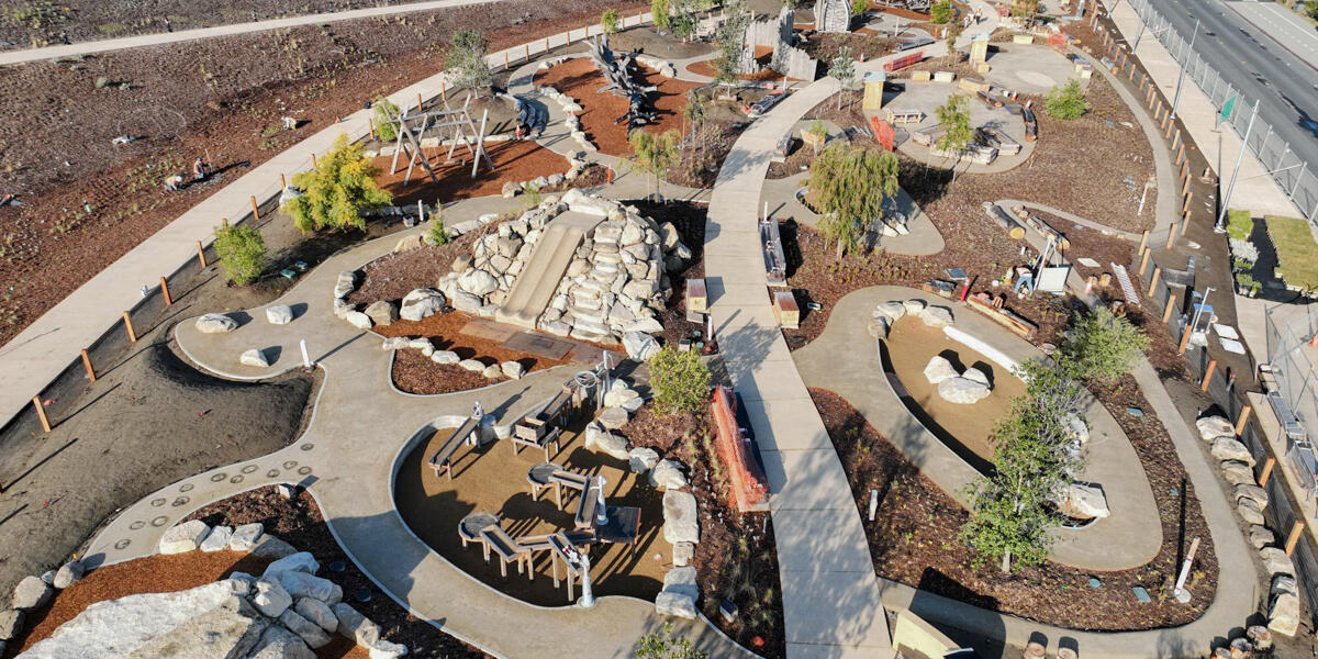 Birds-eye aerial view of The Outpost, a playground at Presidio Tunnel Tops.