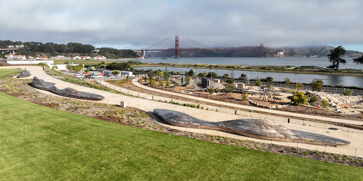 An aerial overlook of the Presidio Tunnel Tops, looking out to the Golden Gate Bridge.