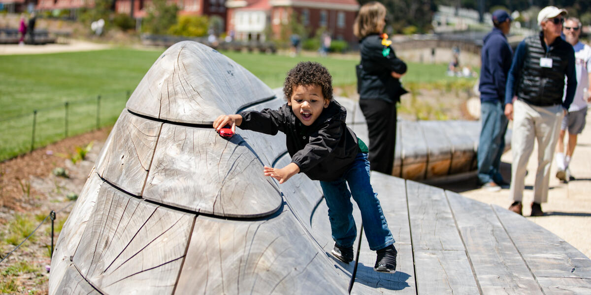 A child plays with their toy car on the contoured benches at the Presidio Tunnel Tops.