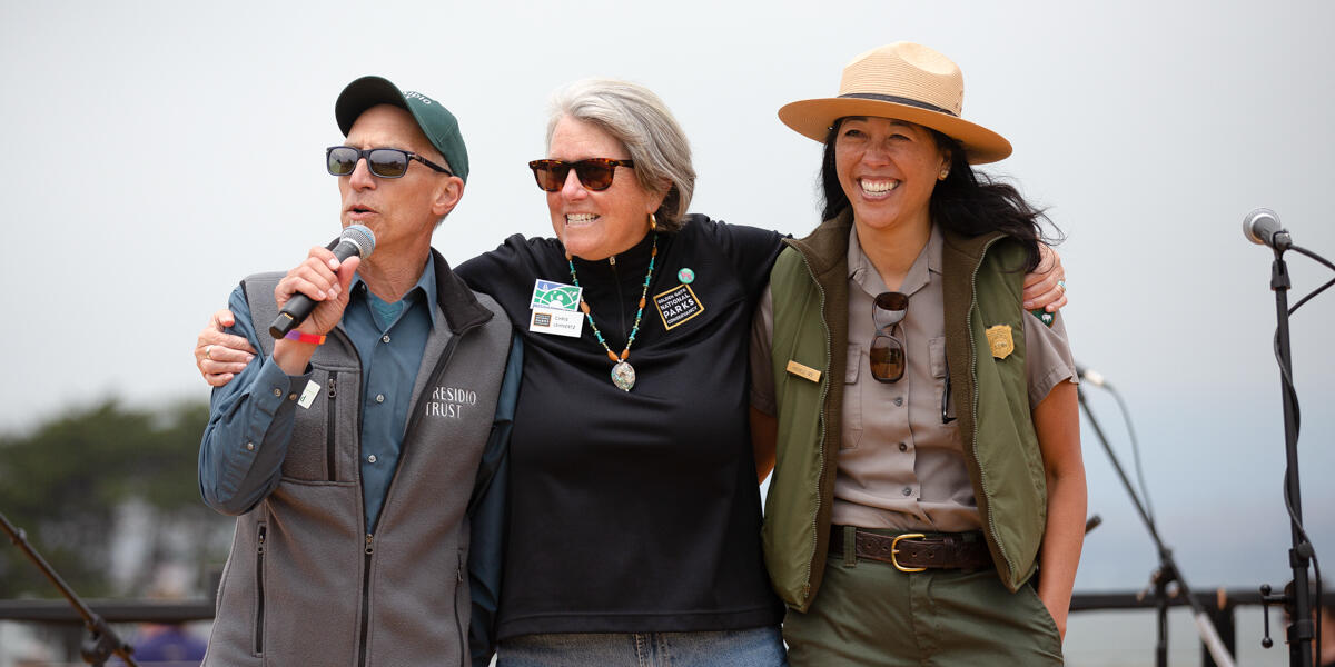 Leaders of the tri-agency partnership between the Golden Gate National Parks Conservancy, Presidio Trust, and Golden Gate National Recreation Area speaking at Tunnel Tops opening day.
