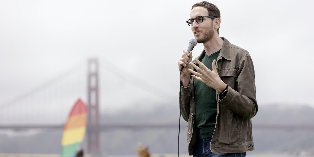 California State Senator Scott Wiener gives remarks during Fantastic Field Day at the Presidio Tunnel Tops.