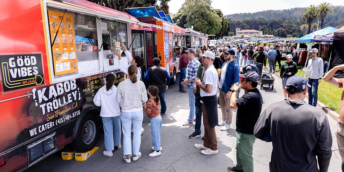 A line forms at a food truck at Parks4All: Brewfest, a beer festival and fundraiser, on Saturday, July 29th, 2023 in the Presidio of San Francisco.
