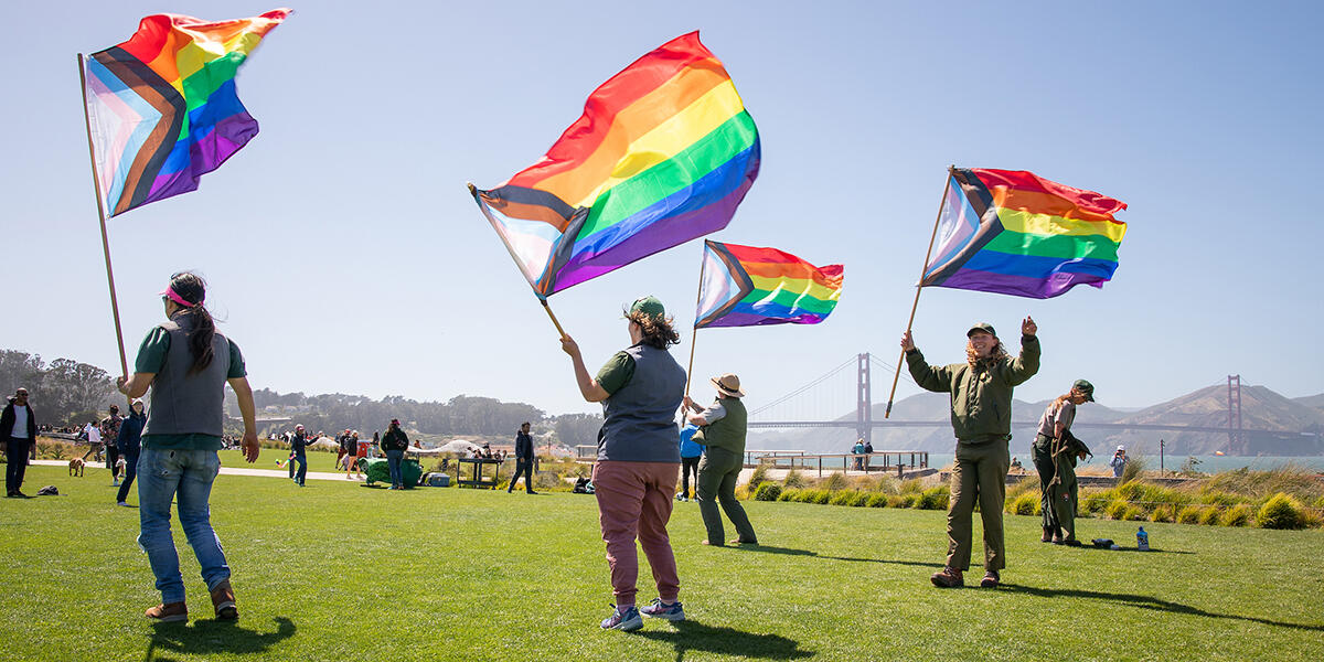 Rainbow LGBTQIA+ pride flags wave at Pride in the Presidio on Saturday, June 1st, 2024.