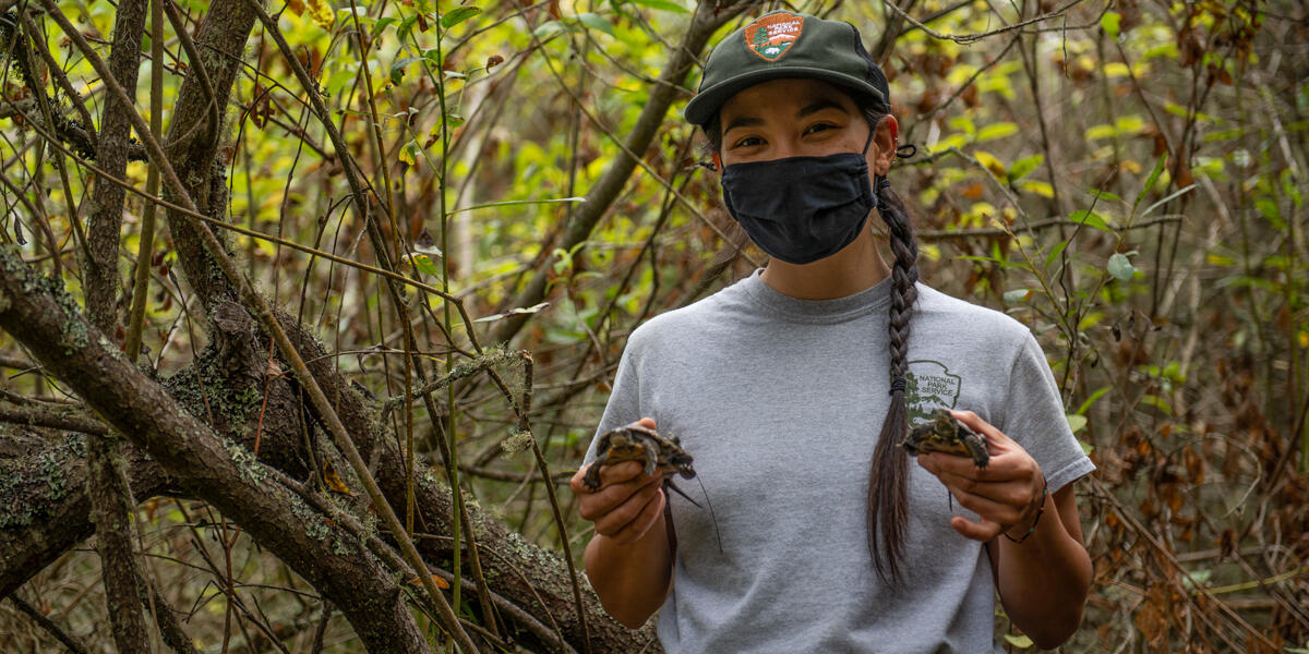 National Park Service worker with a face mask poses for a photograph during the western pond turtle release at Rodeo Lagoon.