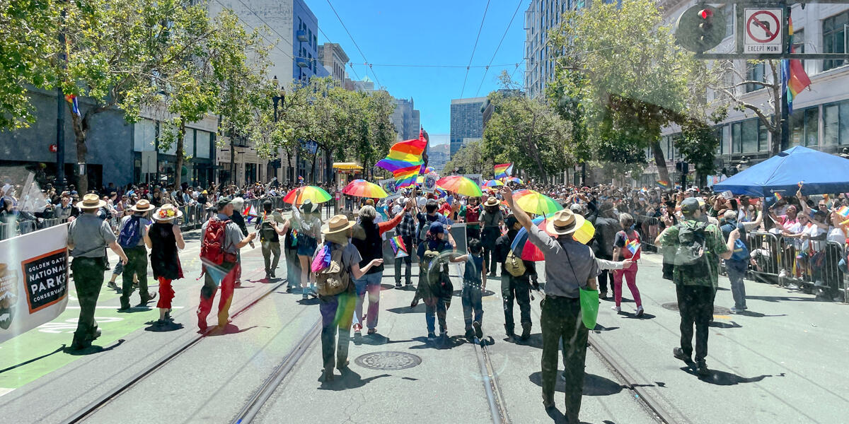 A view of the 2022 SF Pride parade from inside of the Roving Ranger.