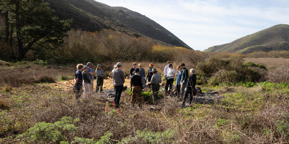 A volunteer group gathered in a circle at Tennessee Valley, mountains and blue skies in the background.