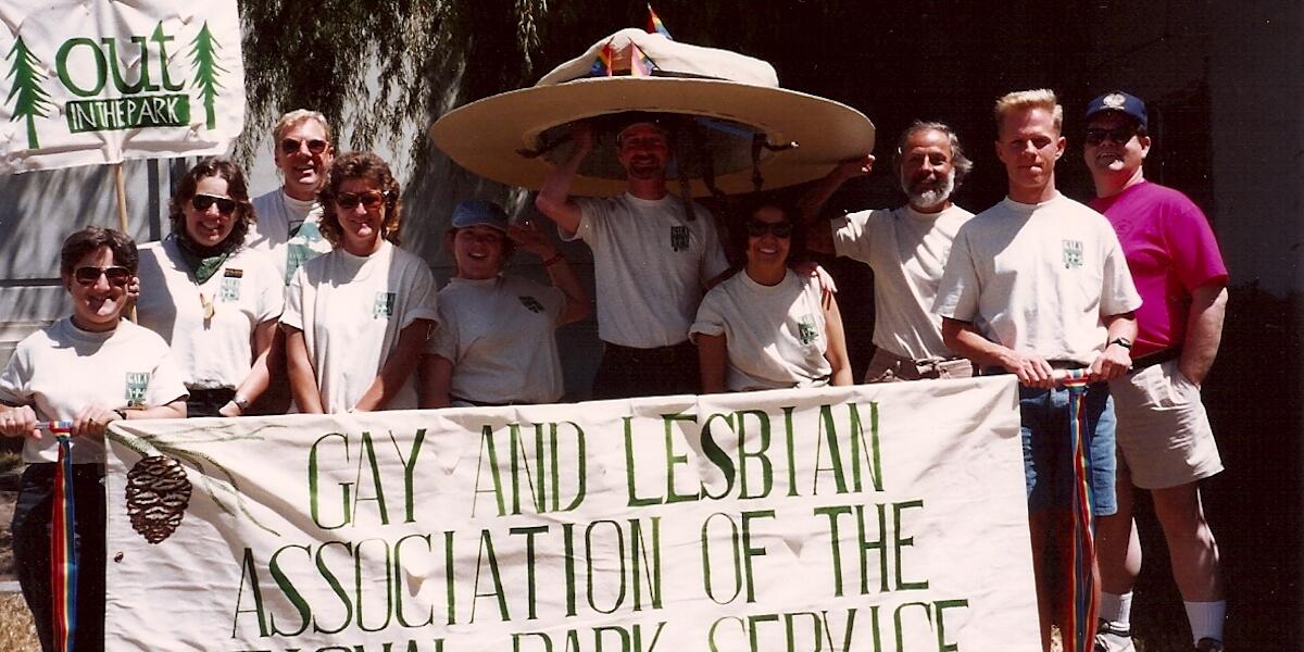 Historic image of giant ranger flat hat at SF Pride Parade.
