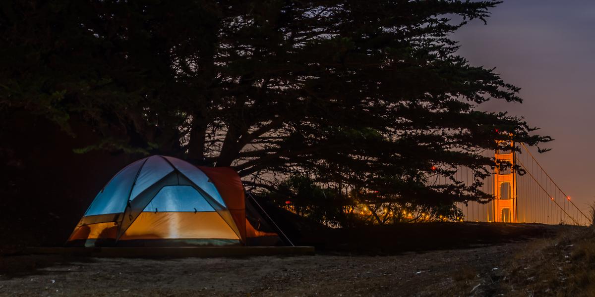 Tent aglow at Kirby Cove Campground