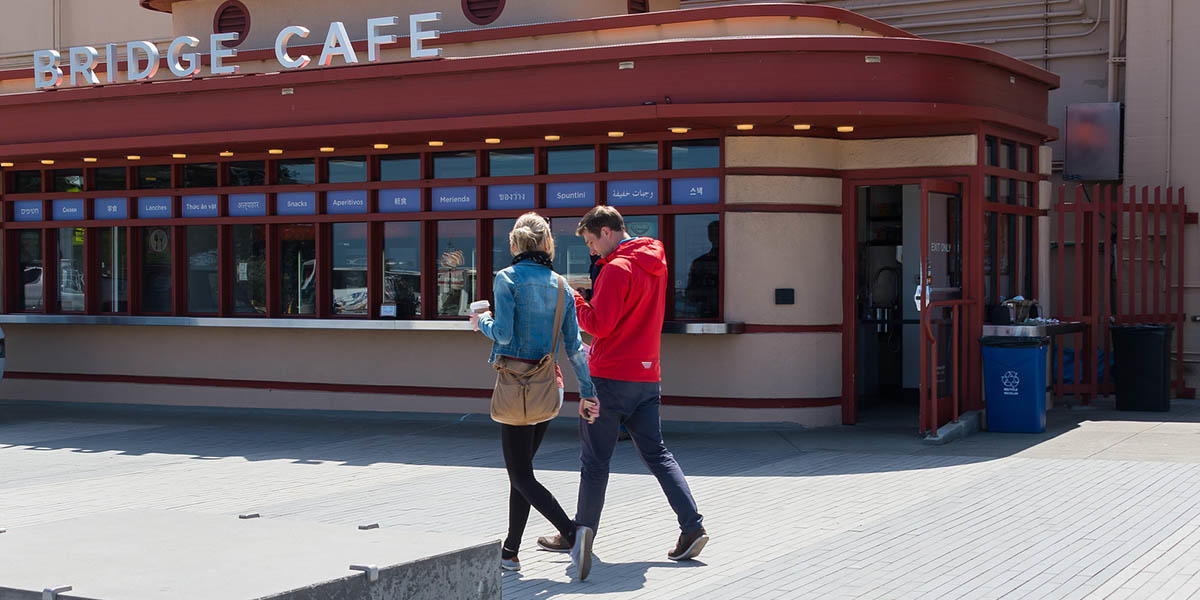 Bridge Cafe A couple walking toward the Bridge Cafe