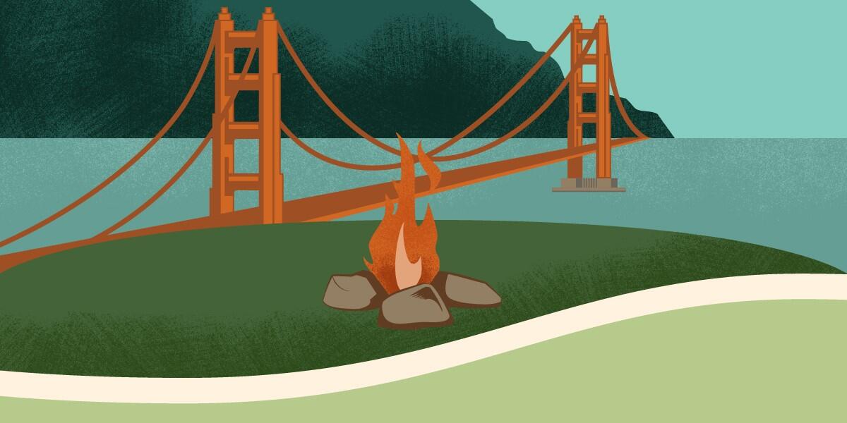 Illustration of the Campfire Circle at the Presidio Tunnel Tops with the Golden Gate Bridge in the background. 