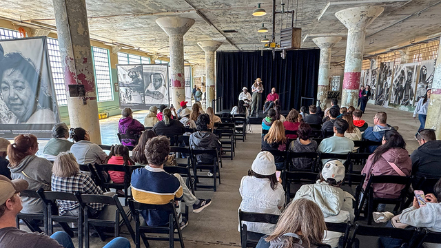 Crowd on Alcatraz Island for a Formerly Incarcerated Speaker Series event.