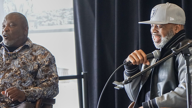 Two people speaking at the Formerly Incarcerated Speaker Series Event on Alcatraz