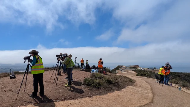 Volunteers in orange vests look through scopes and binoculars on a brown hilltop under partiall cloudy sky.