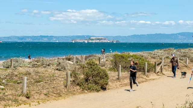 A jogger on the trail at Crissy Field East Beach on a sunny day. Park visitors are seen on the path and beach, with Alcatraz Island in the background.