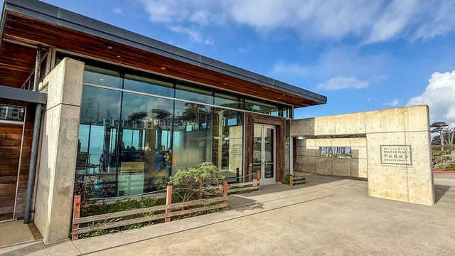 A scenic view of the Lands End Lookout entrance on a sunny day in San Francisco.