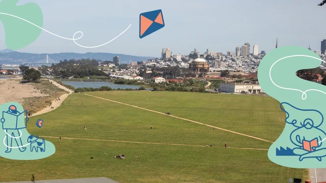 A scenic photo overlooking Crissy Field on a beautiful day with illustrated elements depicting various recreational activities such as reading and kite flying.