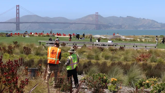 Volunteers stand in the landscaped areas of Tunnel Tops park overlooking the  bay and the Golden Gate Bridge