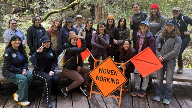 A group of volunteers smile for a photo after deck flossing in Muir Woods.