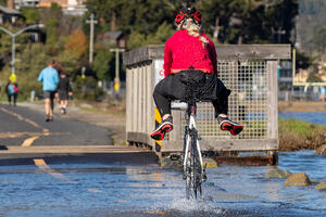 A bicyclist rides through water along the Bay Trail near Bothin Marsh.
