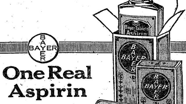 One of the first advertisements for Bayer Aspirin aimed at American consumers, just before the U.S. patent for aspirin was to expire.