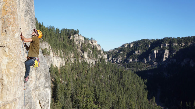 A person scales a rock wall outdoors overlooking a forest.