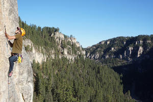 A person scales a rock wall outdoors overlooking a forest.