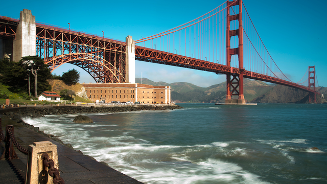 Span of the Golden Gate Bridge over the entrance to the Bay.