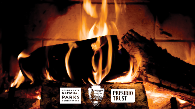 Fire place with Parks Conservancy, NPS and Presidio Trust logos