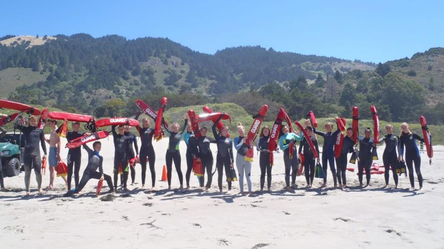 Jr. Lifeguards show off their swim rescue buoys at Stinson Beach