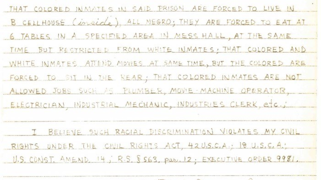 A letter written by Robert Lipscomb, an incarcerated individual on Alcatraz, stating the facts of the racial segregation on the island.
