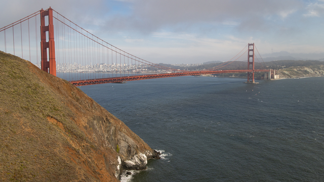 View of the Golden Gate Bridge from Kirby Cove Road in the Marin Headlands.