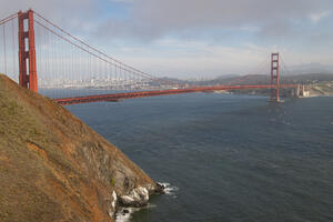 View of the Golden Gate Bridge from Kirby Cove Road in the Marin Headlands.