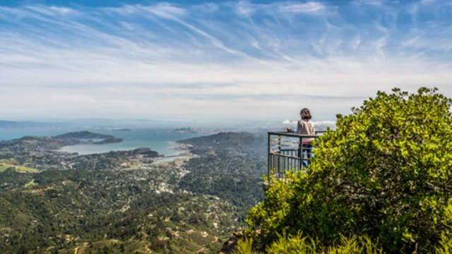 A hiker looks out over the bay from Mount Tamalpais East Peak.