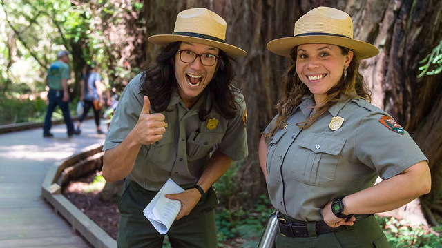 Park Rangers Takeo Kishi, left, and Jasmine Reinhardt at Muir Woods.