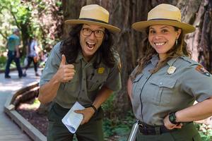 Park Rangers Takeo Kishi, left, and Jasmine Reinhardt at Muir Woods.