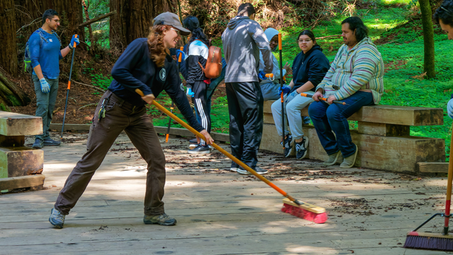 Volunteers maintain the Muir Woods boardwalk 