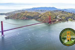 The Golden Gate Bridge, Marin Headlands and Mt. Tam seen in an aerial image.