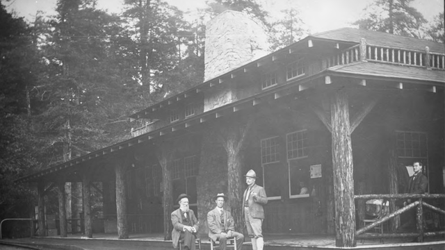 John Muir, William Kent, and J.H. Cutter at Muir Inn on Mt. Tamalpais
