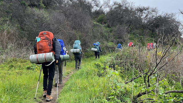 Group of youth backpacking along a trail.