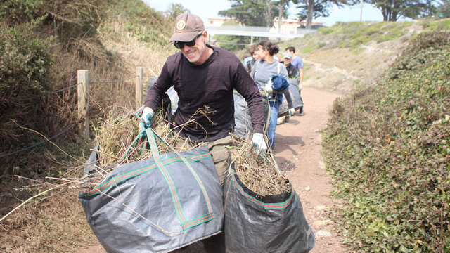 A volunteer carries large bags of vegetation while walking on a trail